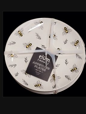 Set of four (4) Elum Home Porcelain Bumblebee Honey Bee Plates, 7 1/2” NEW